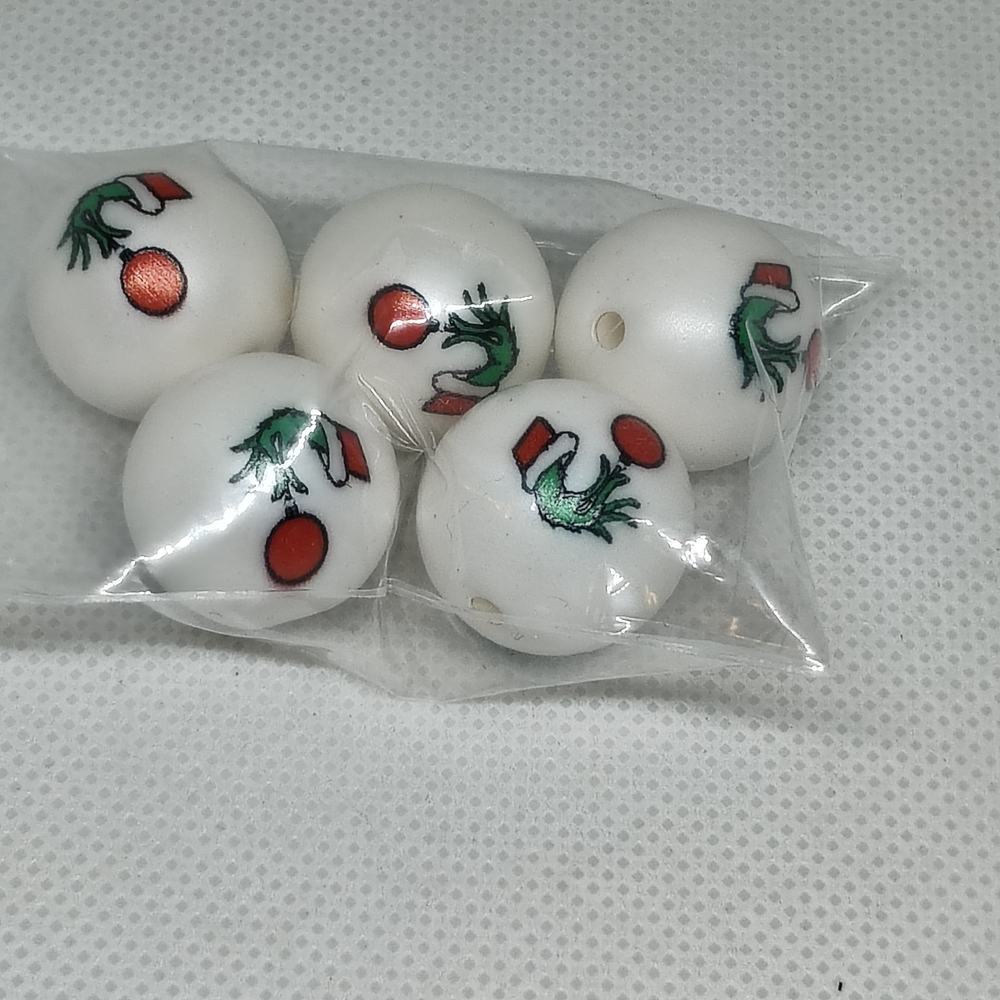 20mm Festive White Beads with Red and Green Design - 5 Pieces
